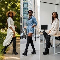 Tuhoomall Thigh High Satin Platform Boots with Chunky Heel and Rhinestone Embellishments for Parties and Special Occasions