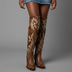 Tuhoomall Western Over-the-Knee Boots for Women, Chunky Heel, Snip-Toe, Embroidered, Slip-On, Distressed Style for Parties and Casual Outings