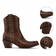 Tuhoomall Retro Ankle Booties with Chunky Heel and Snip-Toe, Distressed Embroidery and Studs for Casual Everyday Style