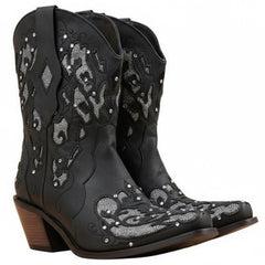 Tuhoomall Colorful Plaid Short Ankle Boots for Women, Chunky 5cm Heel, Slip-On Design, Stylish Sparkling Embellishments, All-Season Comfort