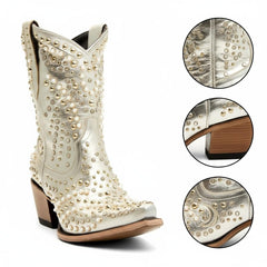 Tuhoomall Chunky Heel Western Short Ankle Boots for Women - Studded Design, Slip-On Comfort, Versatile for Travel and Weddings