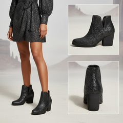 Tuhoomall Glitter Ankle Boots for Women, 3-Inch Chunky Heel, Shiny Pointed Toe, Perfect for Parties and Fashion Events