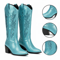 Tuhoomall Comfortable Western Boots with Sequins and Floral Design for Stylish Parties, Runway Shows, and Casual Outings - Knee-High Chunky Heel
