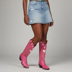 Tuhoomall Western Knee High Boots With Rubber Sole, 5cm Chunky Heel, Embroidered Sweet Pink Hearts For Casual Fashion All Year Round