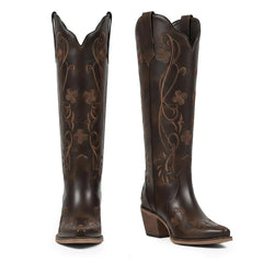 Tuhoomall Tuhoomall Western Knee-High Boots for Women, Floral Embroidered Design, Perfect for Parties, Office, and Casual Wear, 7.5 cm Classic Mid Chunky Heel