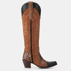 Tuhoomall Western Cowgirl Knee-High Boots, Snip-Toe Chunky Heel, Animal Print, Stylish Faux Suede, Easy Zip Closure Tuhoomall