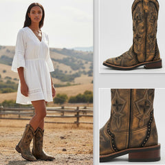 Tuhoomall Retro Western Style Mid-Calf Boots with Floral Embroidery and Sturdy Low Heel for Fashionable Casualwear