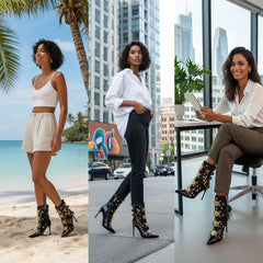 Tuhoomall Fashion Stiletto Mid Calf Boots With Pointed Toe And Zipper Closure, Multi-Strap Design Featuring Buckle And Hardware Accessories For Party And Street Wear