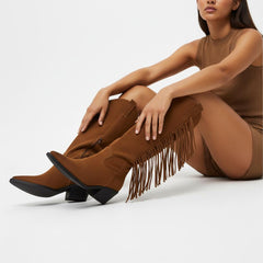 Tuhoomall Western Style Mid-Calf Boots with Tassels, Casual Fashion Footwear, Chunky Heel, Faux Suede, Zipper Closure, All-Season Design