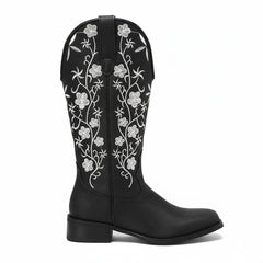 Tuhoomall Comfortable Western Boots for Women - Floral Embroidered Design, Slip-On Style, Outdoor Fashion - Perfect for Everyday Wear