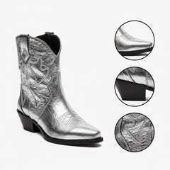 Tuhoomall Western Ankle Booties with Snip-Toe and Chunky Heel for Fashion Casual Parties, Embroidery Design with Metallic Inlay, Slip-On Style Tuhoomall