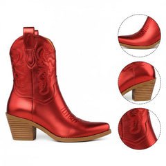 Tuhoomall Comfortable Western Ankle Boots for Fashion, Travel, and Leisure - Embroidered Genuine Leather, 5.5cm Chunky Heel, Slip-On Design