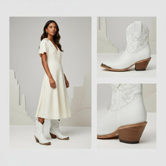 Tuhoomall Western Style Ankle Boots For Women, Vintage Plain Leather, Low Heel, Casual Chic, All-Season Fashion, Unique Embroidery Design