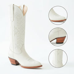 Tuhoomall Western Mid Calf Boots with Embroidered Leaf Design, Chunky Heel 2.00 in, Casual Stylish Footwear for All Seasons