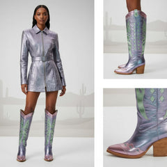 Tuhoomall Western Cowgirl Mid Calf Boots with Snip-Toe and Chunky Heel for Fashion Parties and Performances, Animal Pattern, Metallic Bright Surface