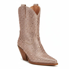 Tuhoomall Rhinestone Embellished Ankle Boots for Women, Chunky Heel 6.5 cm, Slip-On Pointed Toe Short Booties for Parties and Weddings