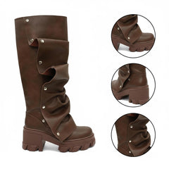 Tuhoomall Gothic Knee-High Boots for Women, Comfortable Chunky Heel, Stylish Slip-On Design for Casual Street Outings