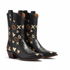 Tuhoomall Western Ankle Boots for Women, 5.5cm Heeled Slip-On, Geometric Pattern with Embroidery, Casual Stylish Mid-Calf Footwear for All Seasons