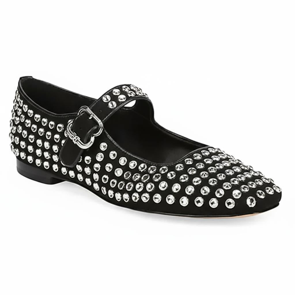 Tuhoomall Stylish Mary Jane Flats with Sparkling Studs, Pointed Toe, Low Heel for Fashionable Casual Wear Tuhoomall