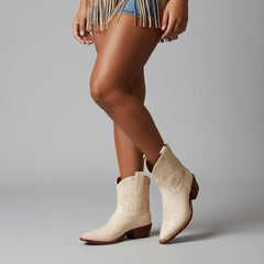 Tuhoomall Western Cowboy Ankle Boots for Women, Vegan Leather, Chunky 2" Heel, Snip Toe Design, Stylish Star Appliqué, All-Season Fashion