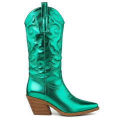 Tuhoomall Comfortable Western Boots for Women – 6cm Low Chunky Heel, Slip-On Design with Floral Embroidery - Fashionable All-Season Style