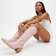 Tuhoomall Stylish Western Mid-Calf Boots for Women - Embroidered Vegan Leather, 2.76in Low Chunky Heel, Perfect for Year-Round Casual Wear