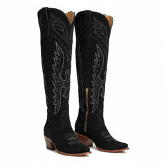 Tuhoomall Faux Suede Knee High Western Boots with Embroidered Eagles for Fashion, Travel, and Parties, 2.36 in Chunky Heel