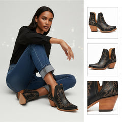 Tuhoomall Stylish Women's Ankle Boots, Chunky 2.36 in Heel, Slip-On Design, Embroidered Details, All-Season Fashion
