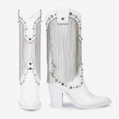 Tuhoomall Chunky Heel Western Rhinestone Booties with Fringes for Fashion Events, Pointed Toe, Slip-On Style, All-Day Comfort, Eye-Catching Design