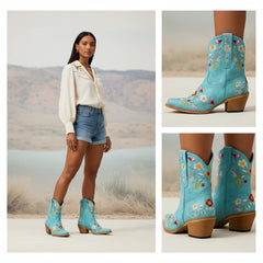Tuhoomall Stylish Western Ankle Boots with Floral Embroidery, Rubber Sole, Chunky 5cm Heel for Classic and Casual Looks