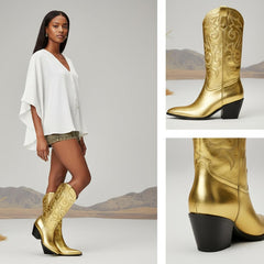 Tuhoomall Cow Pattern Western Boots for Women, Round Toe, Chunky 1.57in Heel, Casual Slip-On Mid-Calf Design, Stylish All-Season Footwear