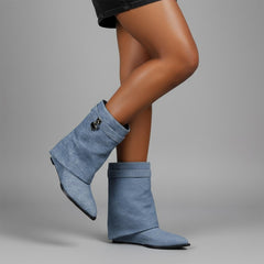 Tuhoomall Pointed Toe Wedge Ankle Boots For Women, Distressed Denim Slip-On Casual Shoes, Vintage Style Mid-Calf Boots For Parties And Daily Wear