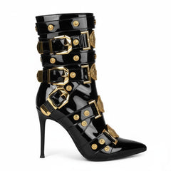 Tuhoomall Fashion Stiletto Mid Calf Boots With Pointed Toe And Zipper Closure, Multi-Strap Design Featuring Buckle And Hardware Accessories For Party And Street Wear Tuhoomall