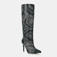 Tuhoomall Western Style Knee-High Glittering Stiletto Boots for Parties and Performances with Rhinestones and Geometric Patterns Tuhoomall