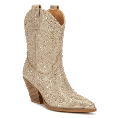 Tuhoomall Rhinestone Embellished Ankle Boots for Women, Chunky Heel 6.5 cm, Slip-On Pointed Toe Short Booties for Parties and Weddings