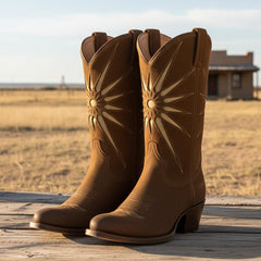 Tuhoomall Western Stylish Mid-Calf Boots for Women, Pointed Toe, Casual Patchwork Design, Comfortable Mid Heel, All-Season Wear