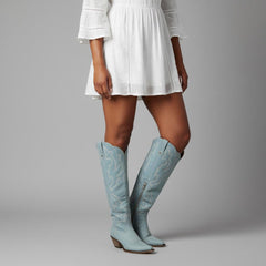 Tuhoomall Western Knee-High Boots with Elegant Embroidery, Stylish Mid Heel for Casual and Office Wear, Durable Faux Suede Leather, All-Season Fashion