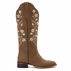 Tuhoomall Comfortable Floral Embroidered Western Boots for Women, Chunky Low Heel, Faux Suede with Rubber Sole, Perfect for Casual and Office Wear Tuhoomall