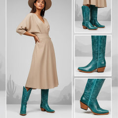 Tuhoomall Faux Suede Knee High Western Boots with Embroidered Eagles for Fashion, Travel, and Parties, 2.36 in Chunky Heel