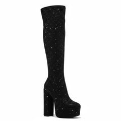 Tuhoomall Thigh High Satin Platform Boots with Chunky Heel and Rhinestone Embellishments for Parties and Special Occasions