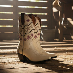 Tuhoomall Western Women’s Ankle Boots, Floral Embroidery, Chunky Heel, Casual and Outdoor Style