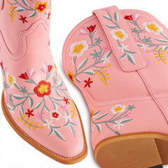 Tuhoomall Stylish Western Ankle Boots with Floral Embroidery, Rubber Sole, Chunky 5cm Heel for Classic and Casual Looks