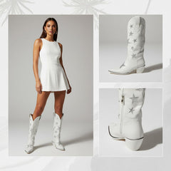 Tuhoomall White Cowgirl Boots With Rhinestones, Pointed Toe, Chunky Heel 6cm, Fashion Casual Style For Travel, Weddings, Year-Round Wear