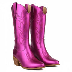 Tuhoomall Western Chunky Heel Women's Cowboy Boots, Comfortable Slip-On, Retro Embroidered Design, Non-Slip Sole for Travel and Casual Wear