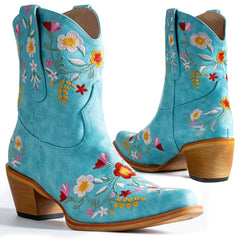 Tuhoomall Stylish Western Ankle Boots with Floral Embroidery, Rubber Sole, Chunky 5cm Heel for Classic and Casual Looks