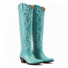 Tuhoomall Western Knee-High Boots for Fashion Casual Style with Embroidered Design and Chunky Heel, Ideal for Ranch and Outdoor Activities