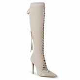 Tuhoomall Knee-High Boots For Bridal Occasion, Pointed-Toe Stiletto Heel, Lace-Up Design, Solid Color, 4" Heel Height, All-Season Wear Tuhoomall