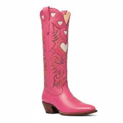 Tuhoomall Western Knee High Boots With Rubber Sole, 5cm Chunky Heel, Embroidered Sweet Pink Hearts For Casual Fashion All Year Round