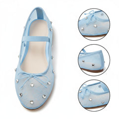 Tuhoomall Comfortable Rhinestone Ballet Flats for Women - Casual Blue Mesh Slip-On Shoes with Low Heel and Round Toe