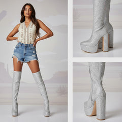 Tuhoomall Thigh High Satin Platform Boots with Chunky Heel and Rhinestone Embellishments for Parties and Special Occasions